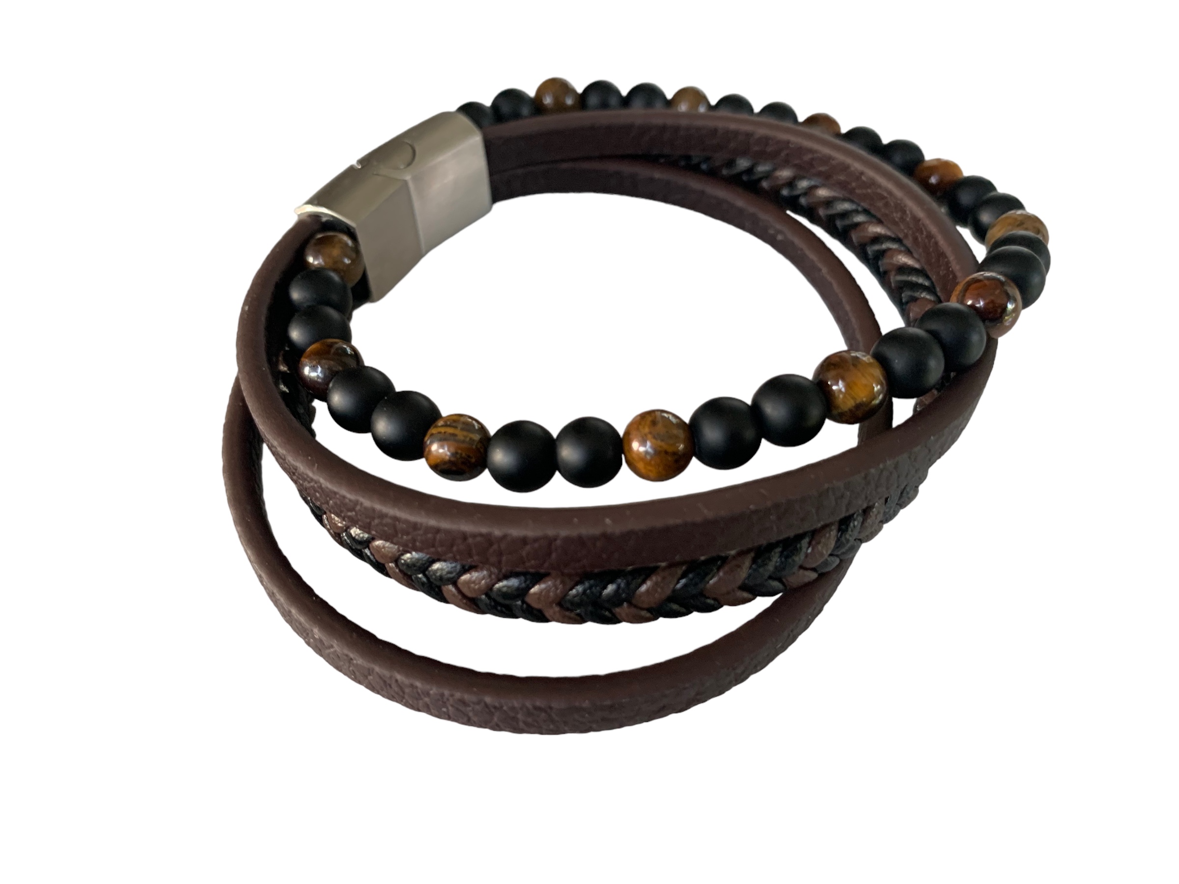 Set de 4 bracelets en cuir marron oeil de tigre et agate noire
