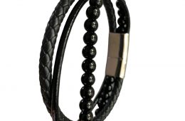 Set bracelets multi-rangs en cuir et de pierre obsidienne