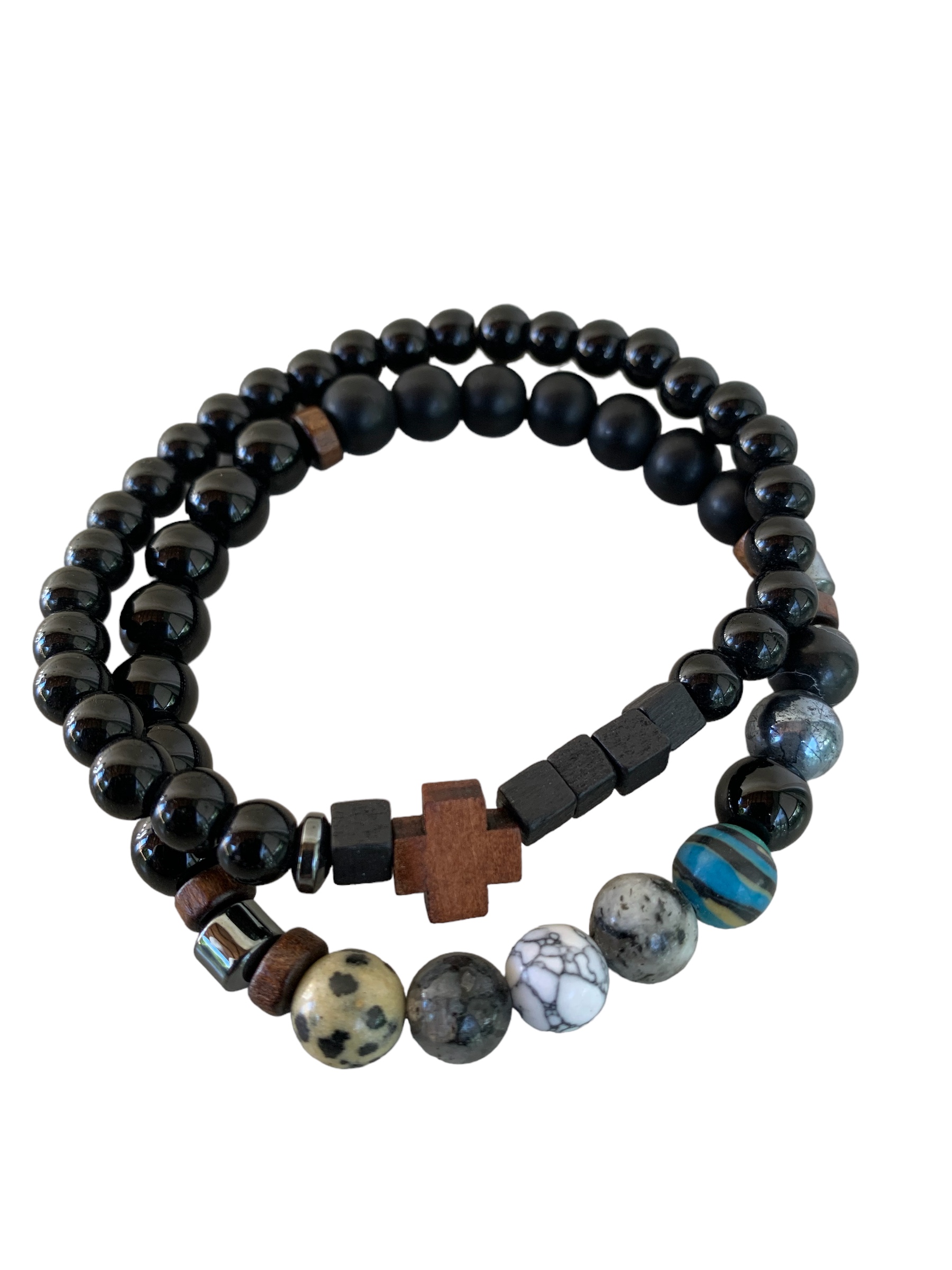 Set de 2 bracelets en pierres naturelles et en bois
